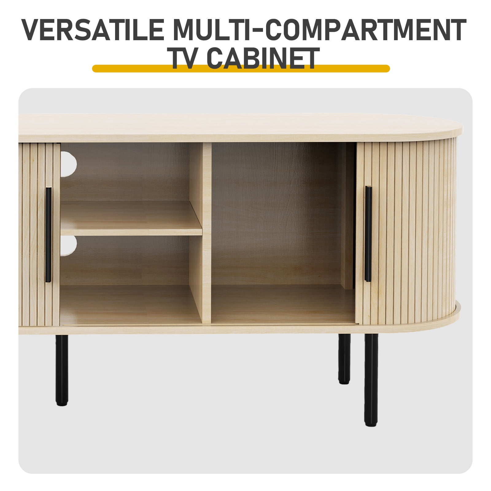Embossed Particle Board TV Stand, Oval Tabletop 147x35x58cm, Modern Entertainment Center with Sliding Grid Doors, Media Console Cabinet for Living Room Home Decor, Oak Color