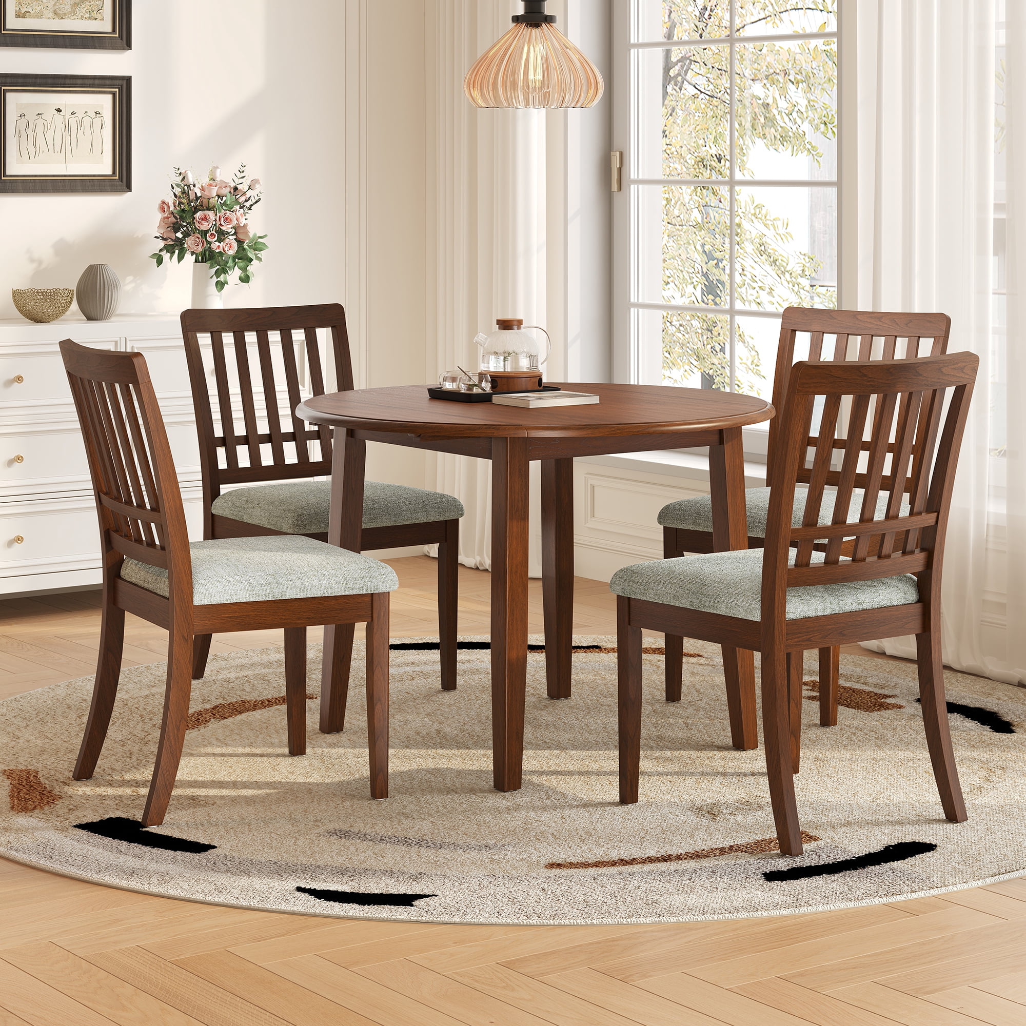 Euroco 5-Piece Round Dining Table Set for 4, Folding Wood Dining Table with 4 Upholstered Chairs, Farmhouse Kitchen Table Set for Small Space,Apartments,Brown