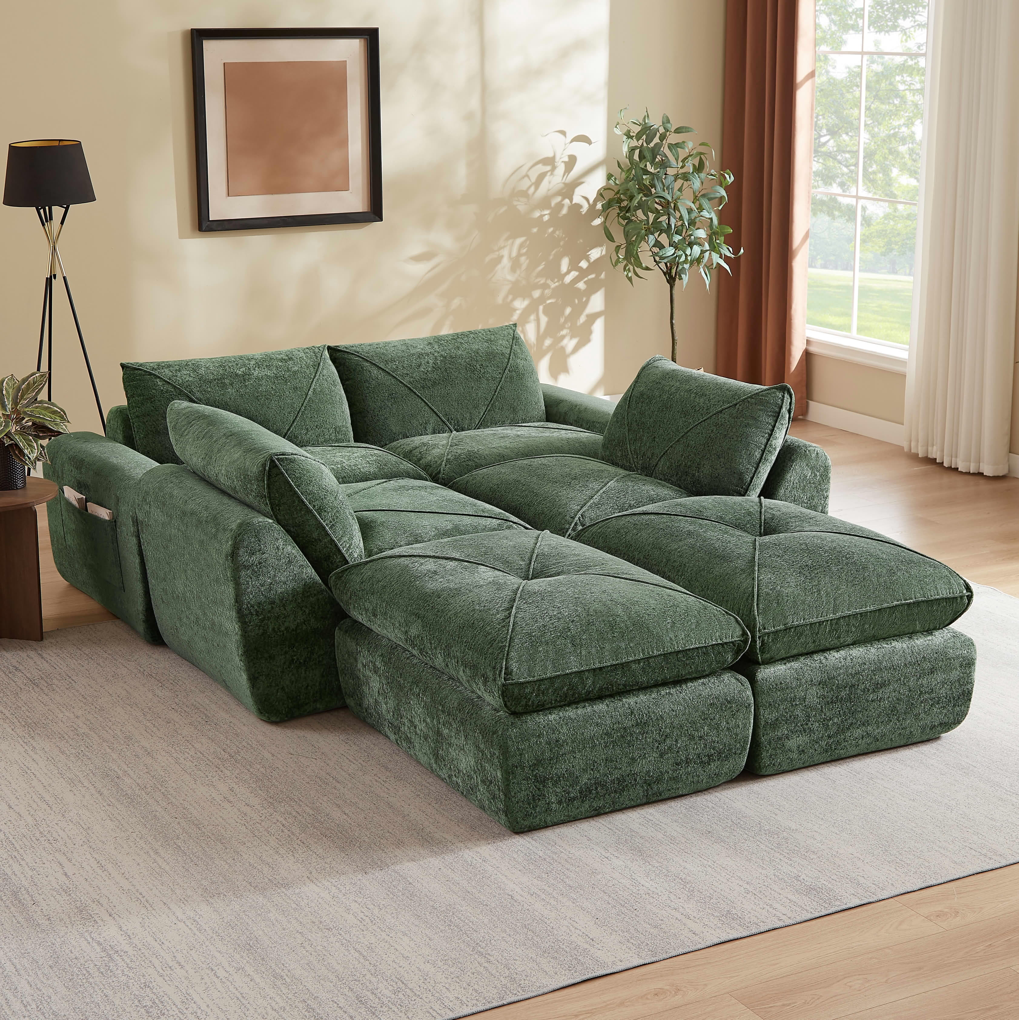 MAYEERTY 153" Green Chenille Oversized U-Shaped Modular Sectional Sofa, 300lbs Spring Support for Living Room