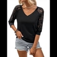 thumbnail image 3 of Blusa Tipo Túnica Holgada Informal de Verano con Mangas 3/4 de Encaje y Cuello en V para Mujer 2025 Negro XL, 3 of 8