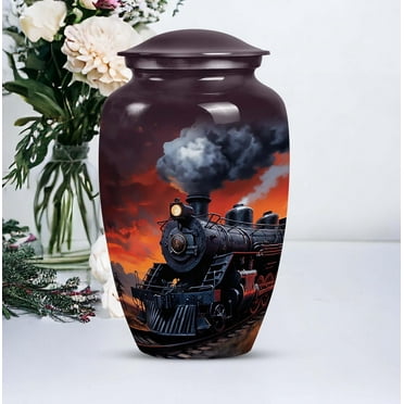 Steam Train Cremation Urn for Human Ashes - Artistic Large Aluminum Urn for Adult Male, Memorial Keepsake, Decorative Urn, sizes 10" and 3"