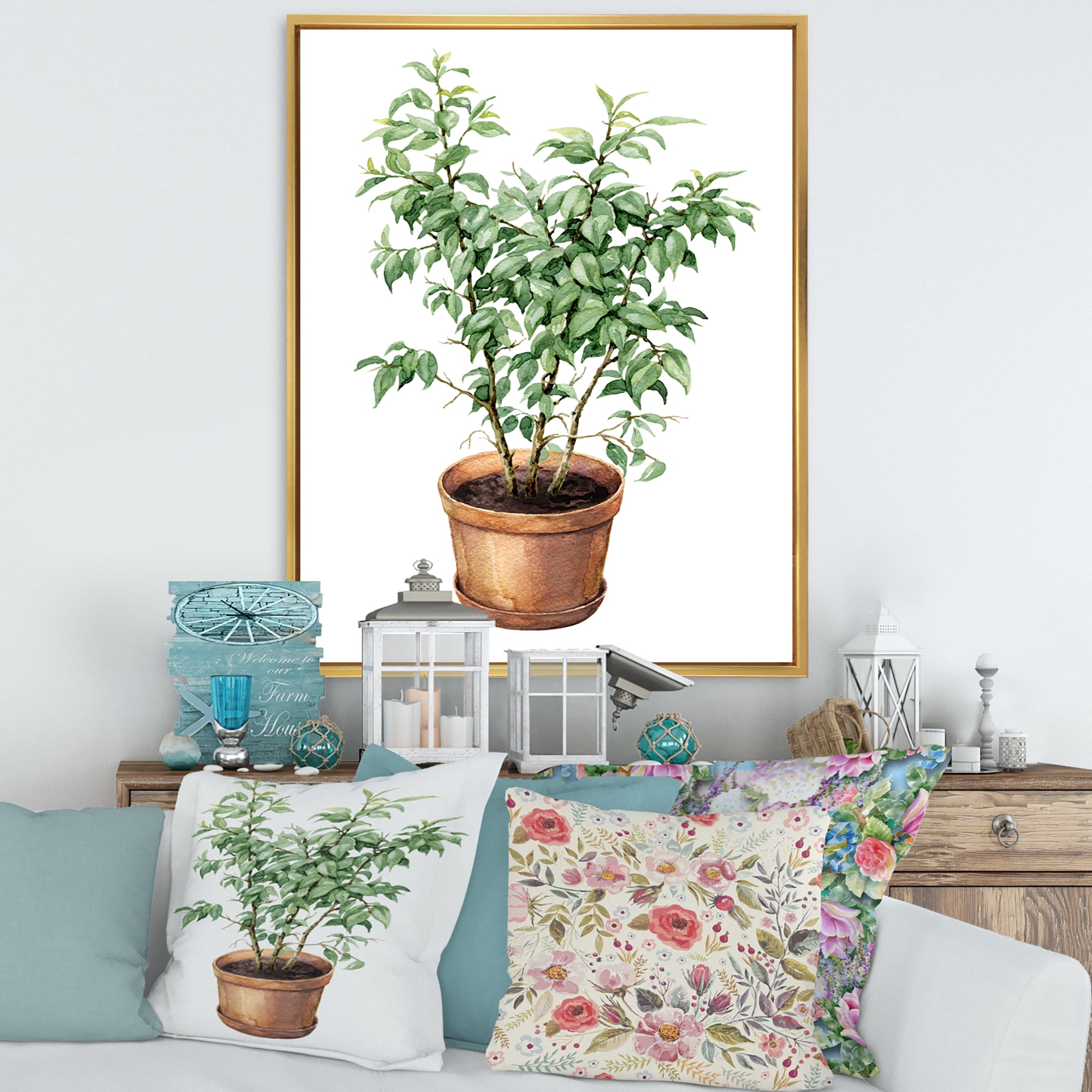 Designart 'Ficus Benjamina Plant In Clay Flowerpot' Traditional Framed Canvas Wall Art Print