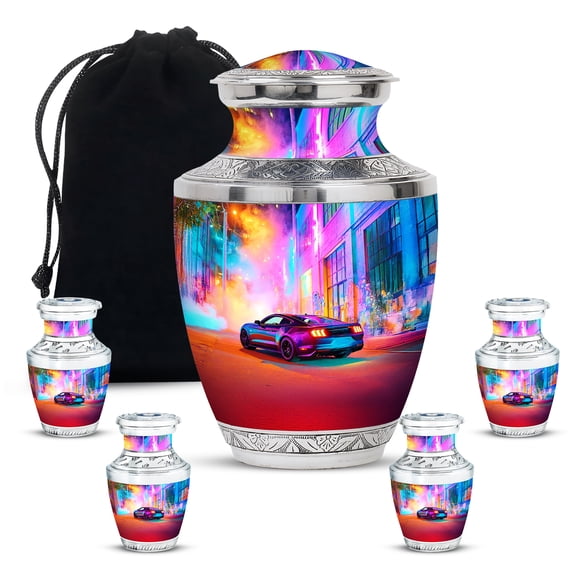 Yatskia Colorful Lightning Car Little keepsake Urn for Adult Ashes Mother and Father, Decorative Large Funeral Urn for Human Ashes Adult, (Tasty 10 Inch and 3 Inch)
