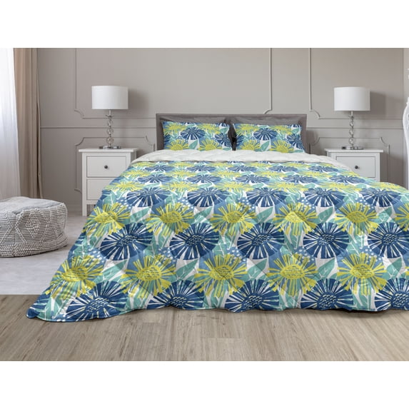 Floral Comforter & Sham Bedding Set, Doodle Style Flower Motifs in Paintbrush Streaks and Dots, 3 pcs Duvet Set Microfiber Filling Quilt, 5 Sizes, Dark Sky Blue Turquoise, by Ambesonne
