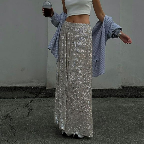 Maoxin Skirts for Women Fashion Women Casual Sequin High Waist Solid Long Long Ankle Skirt ,Silver,S
