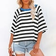 thumbnail image 3 of Prolriy Womens Summer Tops Women's 2025 European and American Summer Short Sleeved Striped T Shirt Short Sleeved Color Matching Design Loose Basic T Shirt Top Summer Shirts for Women Blue S, 3 of 6