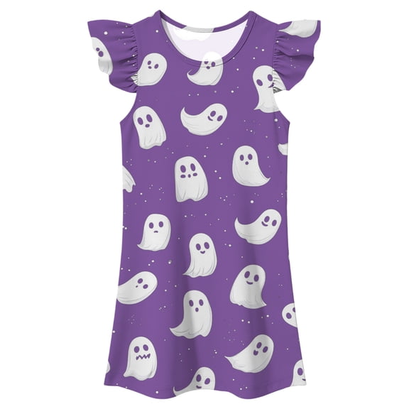 XEGLSBU Girls Dresses Halloween Flutter Sleeve Nightgown Summer Casual Cartoon Digital Print Dress Purple Size 9-10 Years