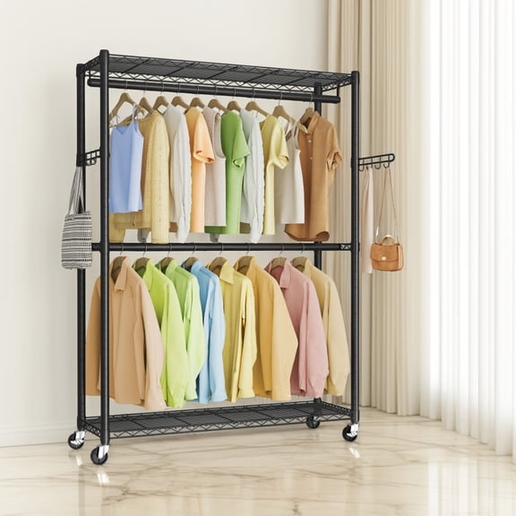LEDREM Heavy-Duty Rolling Clothes Rack, Wide Garment Rack on Wheels with Adjustable Mesh Shelves & Hanging Rails, Tool-Free Portable Closet, Ink Black