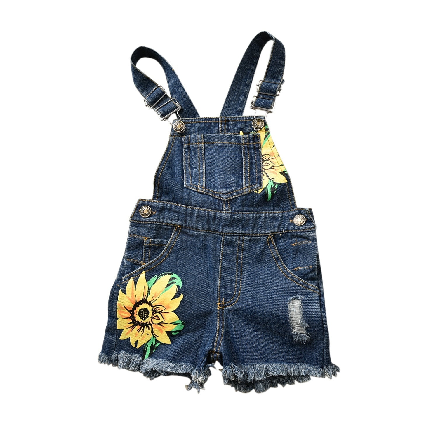 Little Girls Suspender Trousers Sweet Style Sunflower Printing Denim Casual Overalls Summer