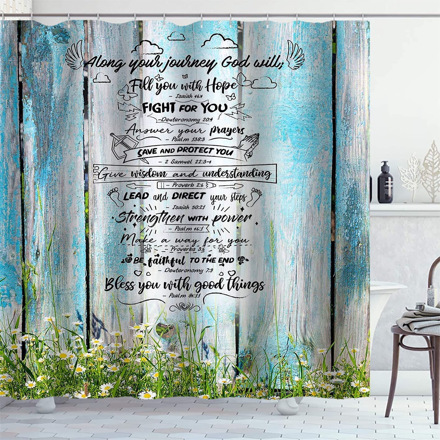 Positive Inspirational Quotes Shower Curtain, Country Floral White Daisy Blue Vintage Wooden Board Rustic Farmhouse Bathroom Decor, Waterproof Fabric Shower Curtain, 72 X 72 Inch, Angel Wings