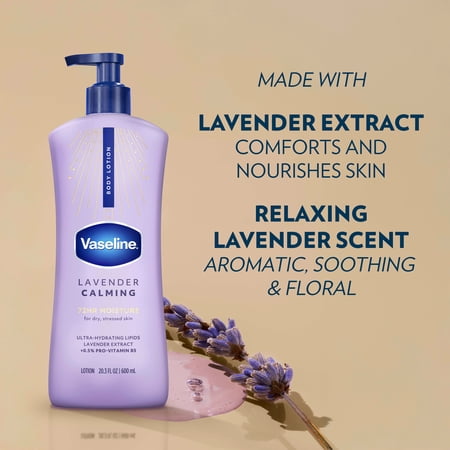 VASELINE LAVENDER CALMING LAVENDER CALMING BODY LOTION FOR DRY SKIN LOTION MADE WITH ULTRA-HYDRATING LIPIDS AND LAVENDER EXTRACT TO HEAL AND RESTORE DRY SKIN, 20.3 FL OZ