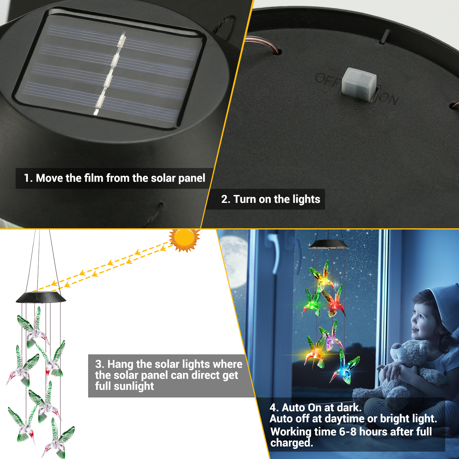 Toodour Solar Wind Chime Lights Hummingbird photo 2