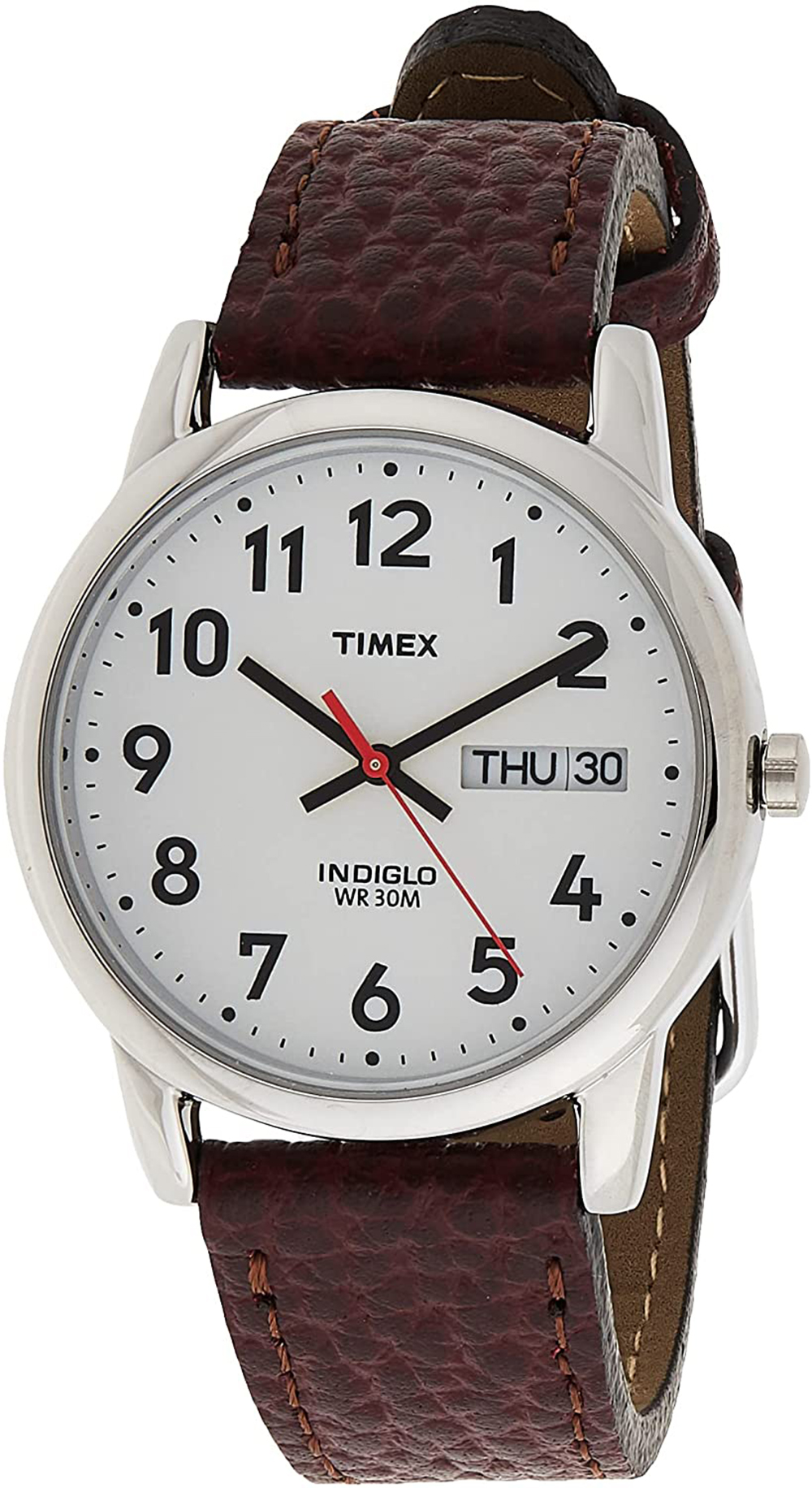 Timex Men's Easy Reader 35mm Day-Date Watch – Silver-Tone Case White Dial with Dark Brown Leather Strap - image 3 of 6