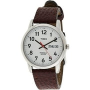 Timex Men's Easy Reader 35mm Day-Date Watch – Silver-Tone Case White Dial with Dark Brown Leather Strap