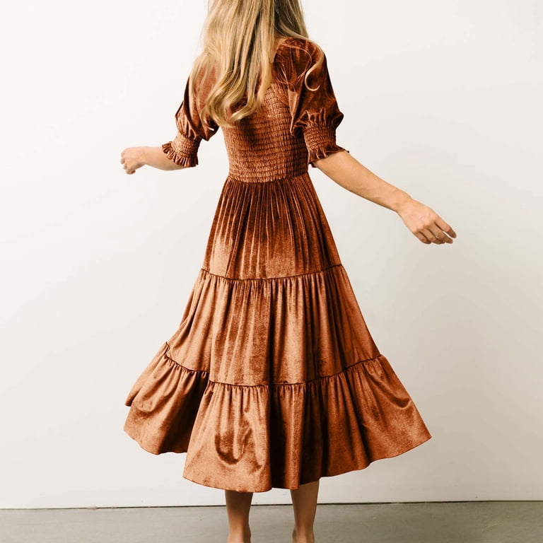 tea party dress winter Tea Party Dresses Womens Fall Winter Velvet Dress Puff Sleeve Squares Neck  Smocked Tiered Ruffle A-Line Flowy Midi Dress S-226 Coffee S