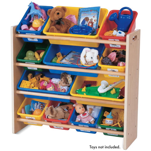 toy storage organizer with 12 plastic bins