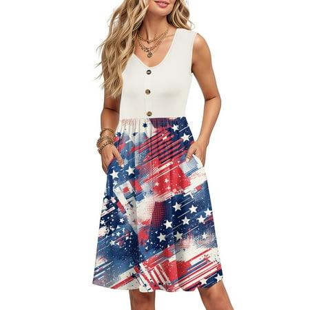 DBAIXID July 4th Dress for Women Sleeveless Plus Size 1776 Patriotic Crew Neck Button Summer a Line Dresses USA American Flag Land of the Free Patchwork Ruffle Hem Dress Hot Pink M
