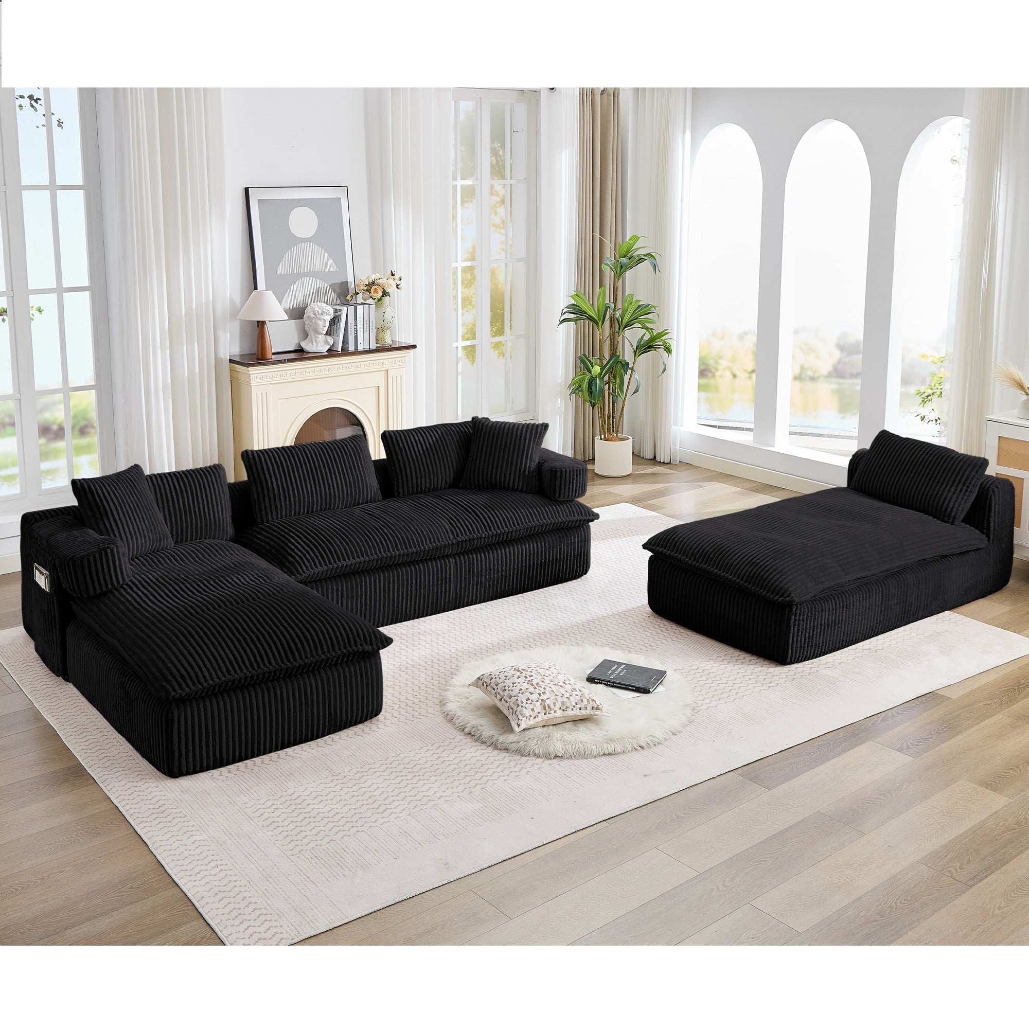 LLappuil Sectional Sofa, Oversized Sectional Couch Convertible Sofa Bed, 6 Seat Corduroy Sofa Couch with Side Pocket for Living Room, No Assembly Black