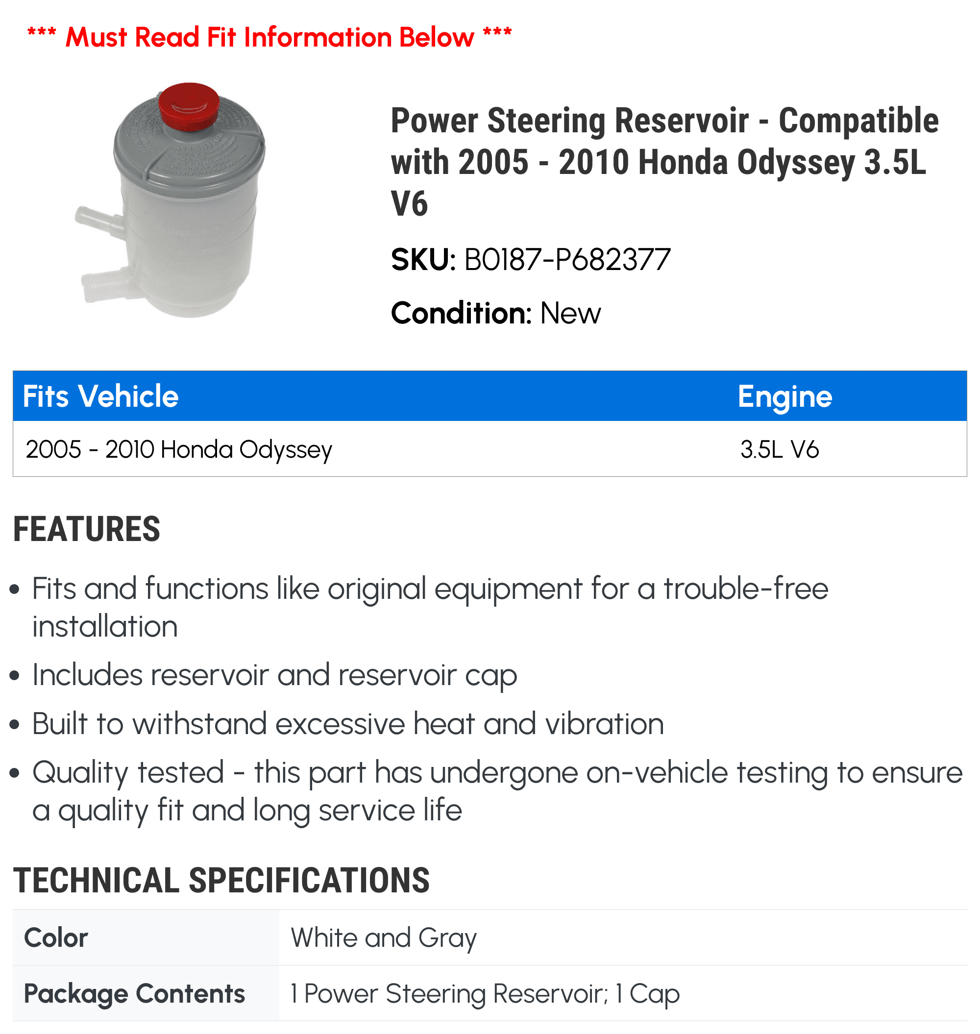 Power Steering Reservoir - Compatible with 2005 - 2010 Honda Odyssey 3.5L V6 2006 2007 2008 2009