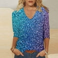 thumbnail image 2 of Uootdi Women's Glitter Ombre V Neck Top 3/4 Sleeves Sparkle Shirt Party Casual Tee for Night Out Event Outfits Trendy Fashion Multicolor Womens Tops, 2 of 5