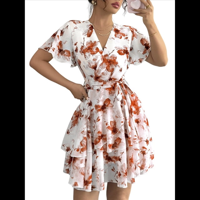 Vestidos de Verano para Mujer, con Estampado Floral, Escote en V y Volantes, Estilo Informal de , Vestido Fluido y Cruzado para Rojo Ladrillo S