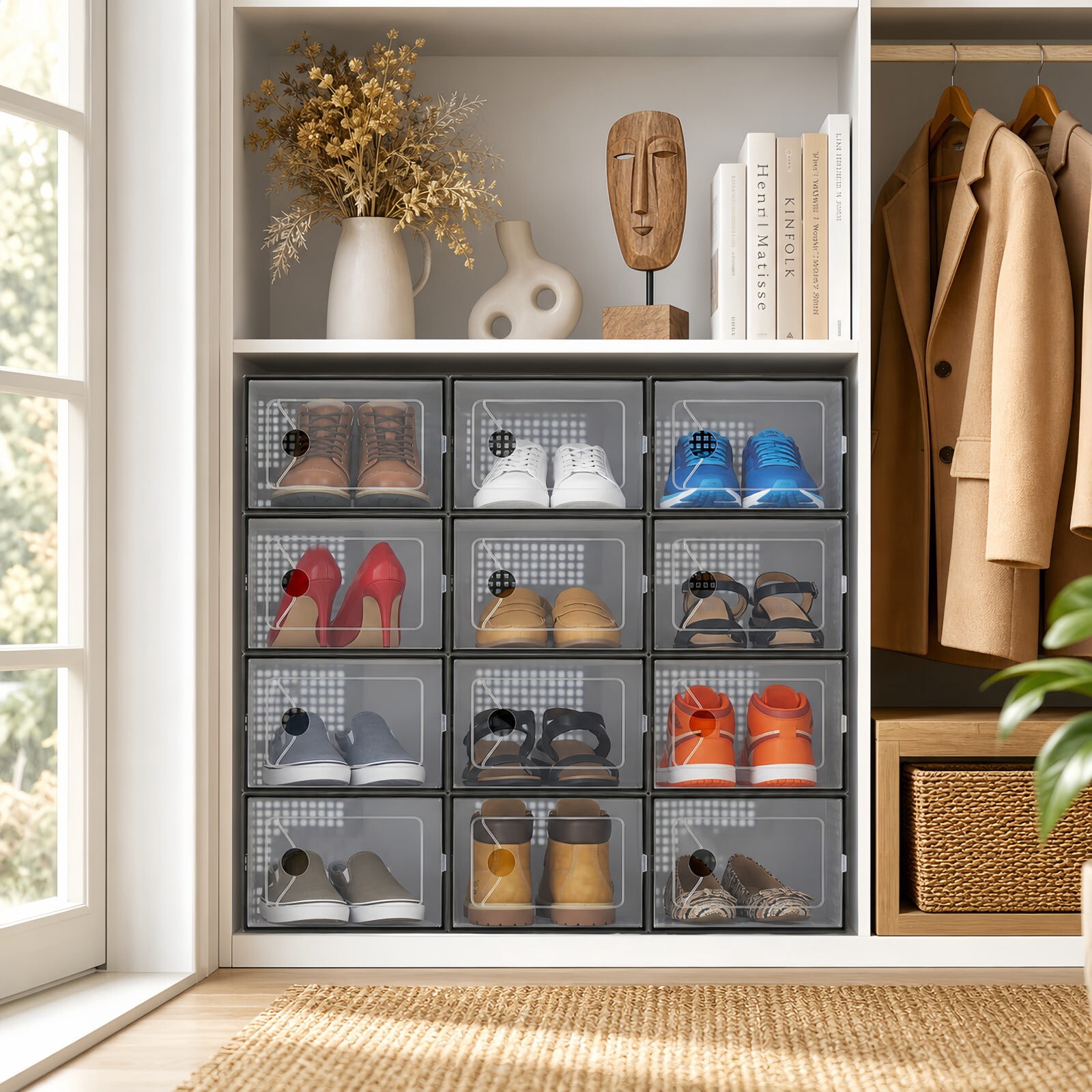 Kelno Stackable Shoe Box Organizer Ventilated Plastic Shoe Storage Bins up to US Size 11 for Closet Hallway Bedroom, Black