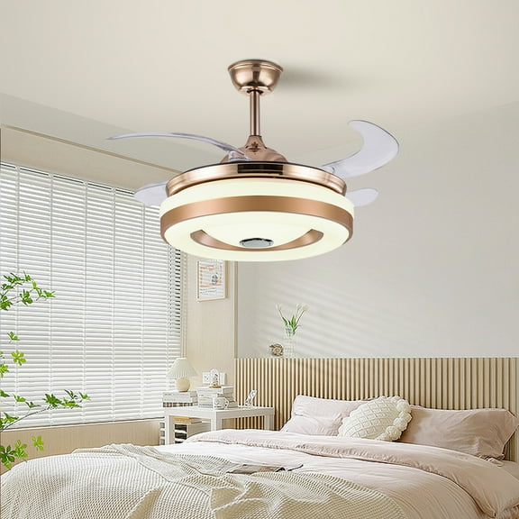 GMizon 42-inch modern simple fan chandelier, remote control invisible living room fan light, study and dining room chandelier ceiling fan (gold)
