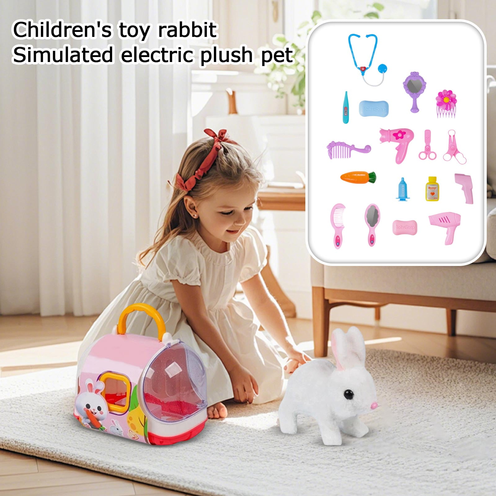 7-Piece Kids Electric Plush Bunny Toy Set with Cage & 5 Accessories - Realistic Walking & Sounding Stuffed Rabbit, Includes Portable Carrier, Carrot, Grooming Tools - For Boys Girls, Suitable Kids' B