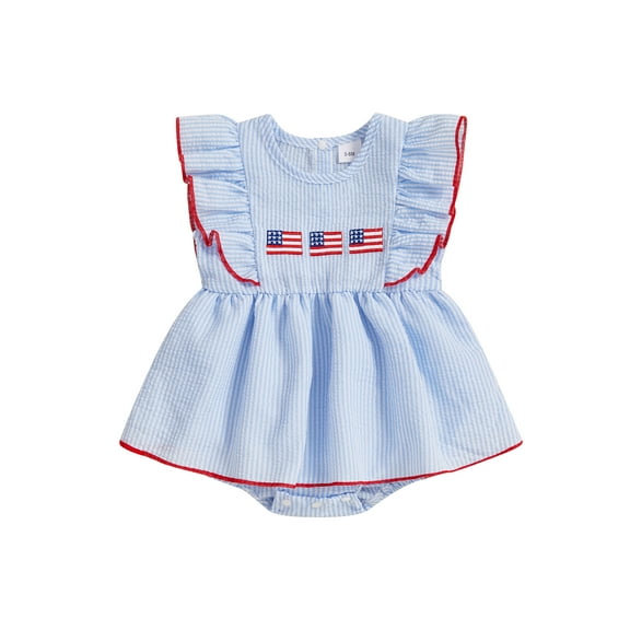 Loicainy Baby Toddler Girl 4th of July Romper Dress 3 6 12 18 Months Ruffle Sleeveless Flag Embroidery Bodysuit Newborn Independence Day Playsuit