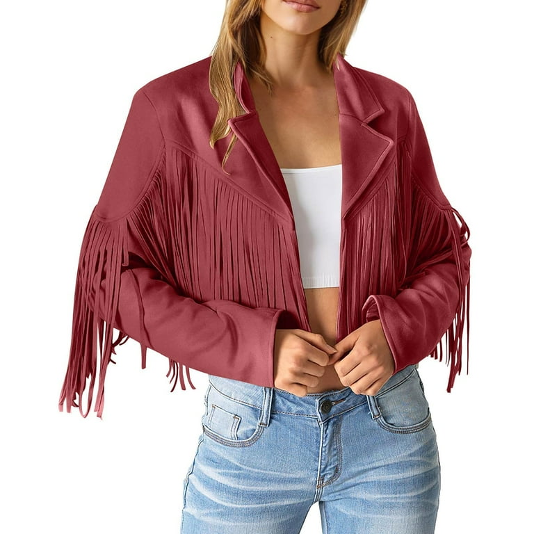 Mifelio Jackets for Women Fringe Jacket Solid Color Fringe Faux - Main Image