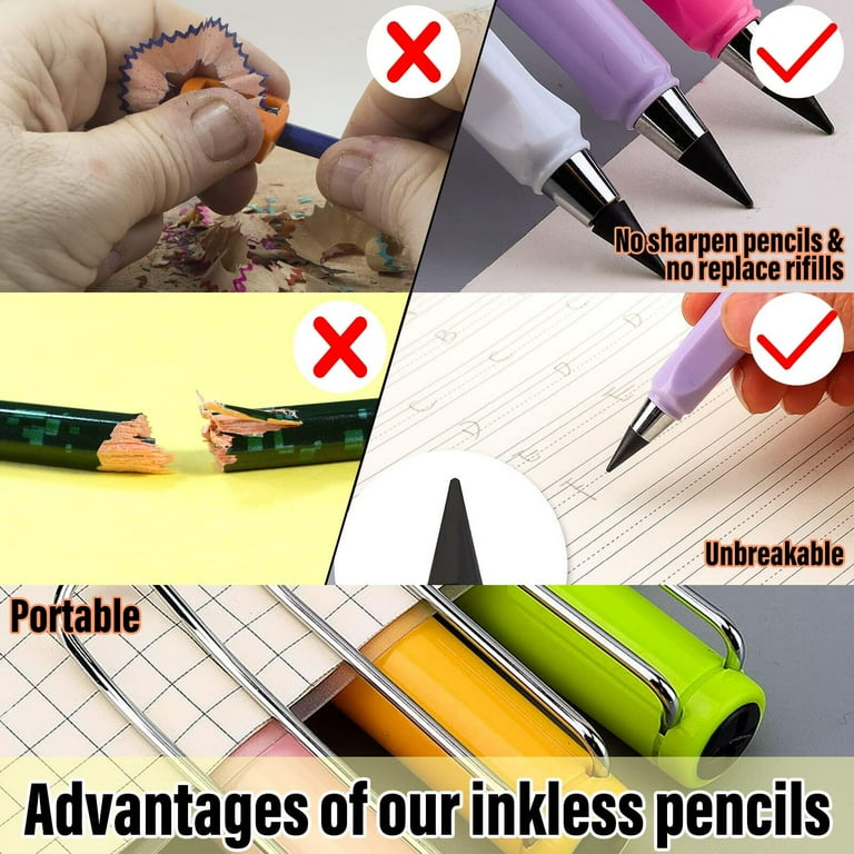BOXOB 6 Pack Eternal Pencils – Inkless Everlasting Reusable Pencils With Eraser & Replaceable Nibs | No Sharpening Needed For Writing, Drawing & Sketching (Colorful Set)