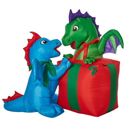 Holiday Time Yard Inflatables Baby Dragons with Present, 5 ft