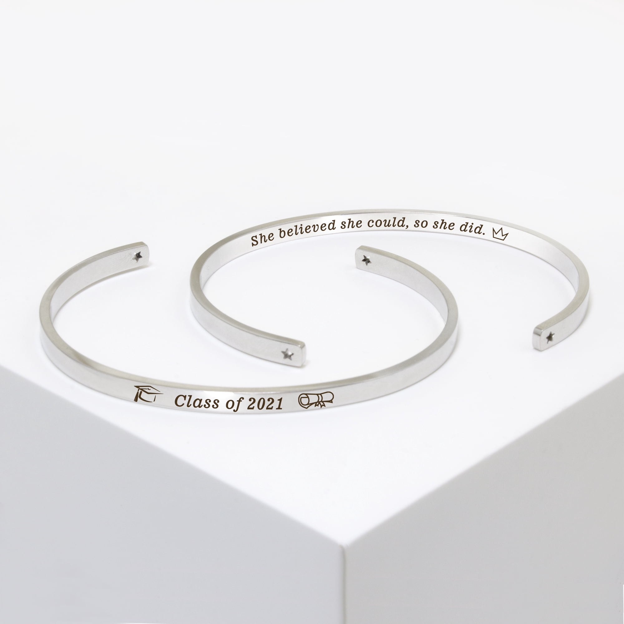 "She believed she could…" Silver Stainless Steel Graduation Theme Hidden Message Gift for Her Cuff Bracelet with Gift Set