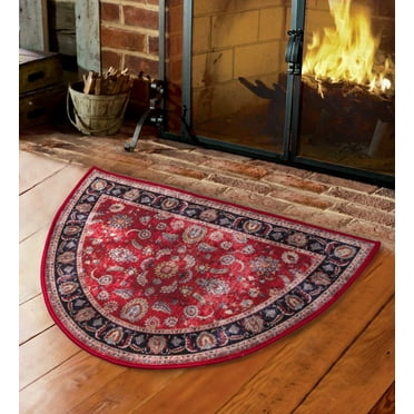 Hearth Rug, Low Profile, 26"x 39" Fireplace Red, Half Circle, Fire Resistant Mat, Classic Design, Floral, Half Moon Shape, Non Slip Kitchen Rug, Cabin Cottage Lodge, 2'2"x 3'3"