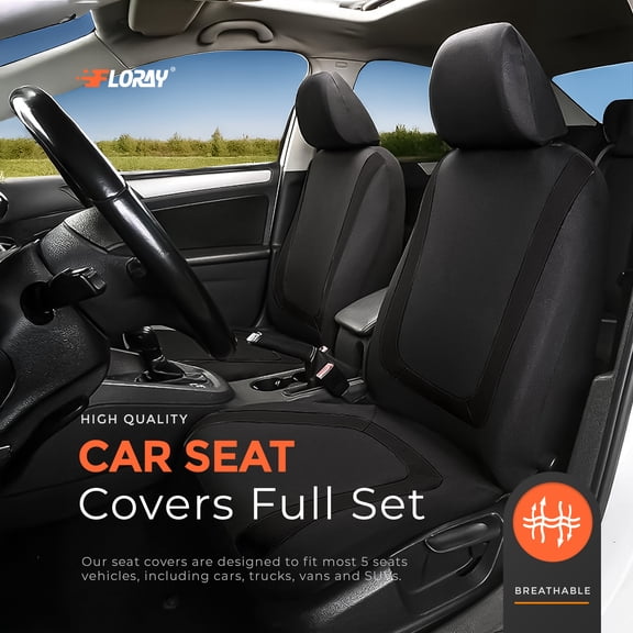 FLORAY Car Seat Covers for Compact Sedans, Polyester 9PCS Full Set, Front and Solid Rear Bench, Airbag Compatible, Black