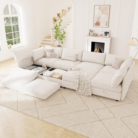 Chalantevo 128" Modular Sectional Sleeper Sofa Bed with Storage & Washable Covers,8-Seater Chenille,Movable Ottoman,for Living Room,Beige