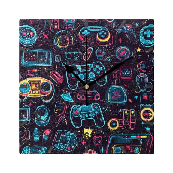Neon Game Controllers Wall Clock Battery Operated Silent Non-Ticking Bedroom Office Kitchen Home School Decor 7.8"(Black)