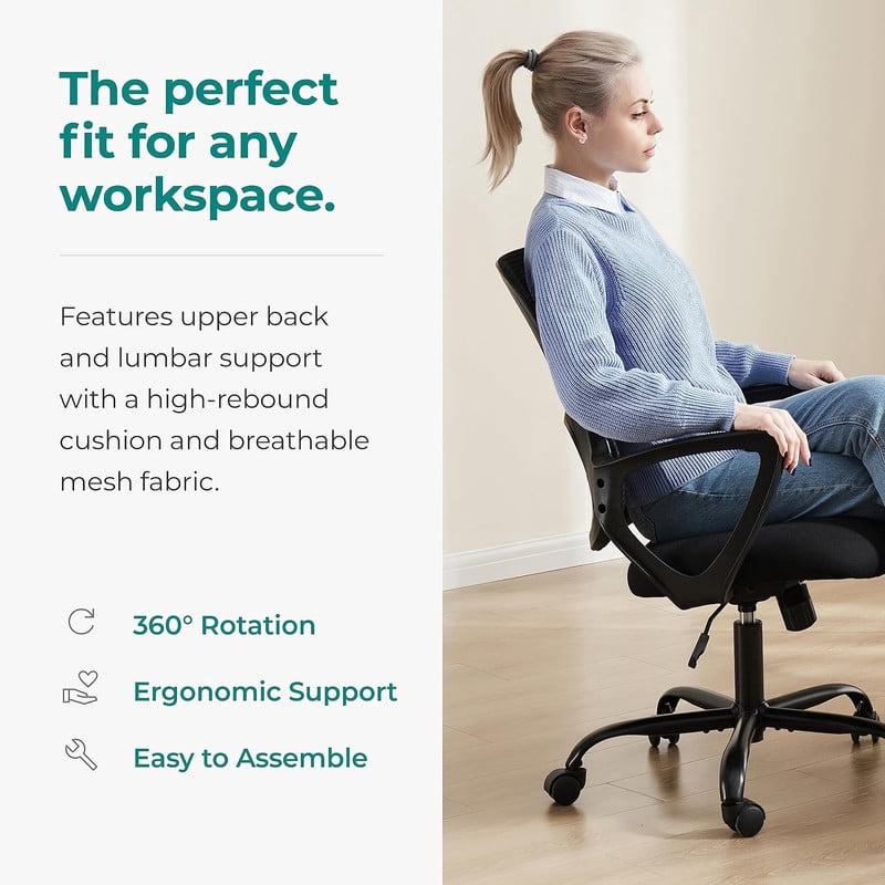 Bigleap Office Chair, Ergonomic Computer Chair, Mesh Desk Chairs with Comfy Lumbar Support and Armrest for Home, Bedroom, Study, Student, Adults, Black