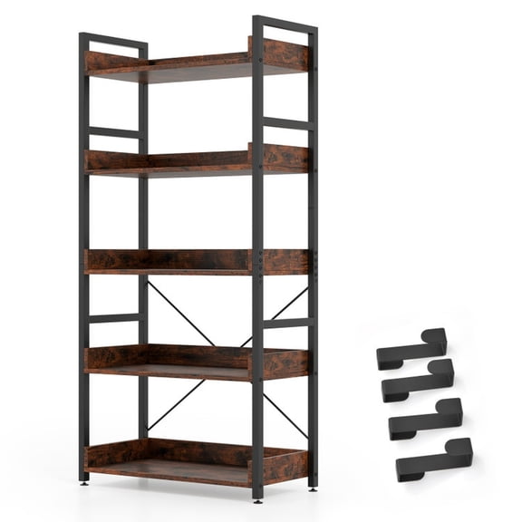 Furnibear 5-Tier Bookshelf with 4 Hooks Industrial Storage Bookcase Rustic Brown, 27" x 13.5" x 57" - Open Storage Display Rack for Home Office