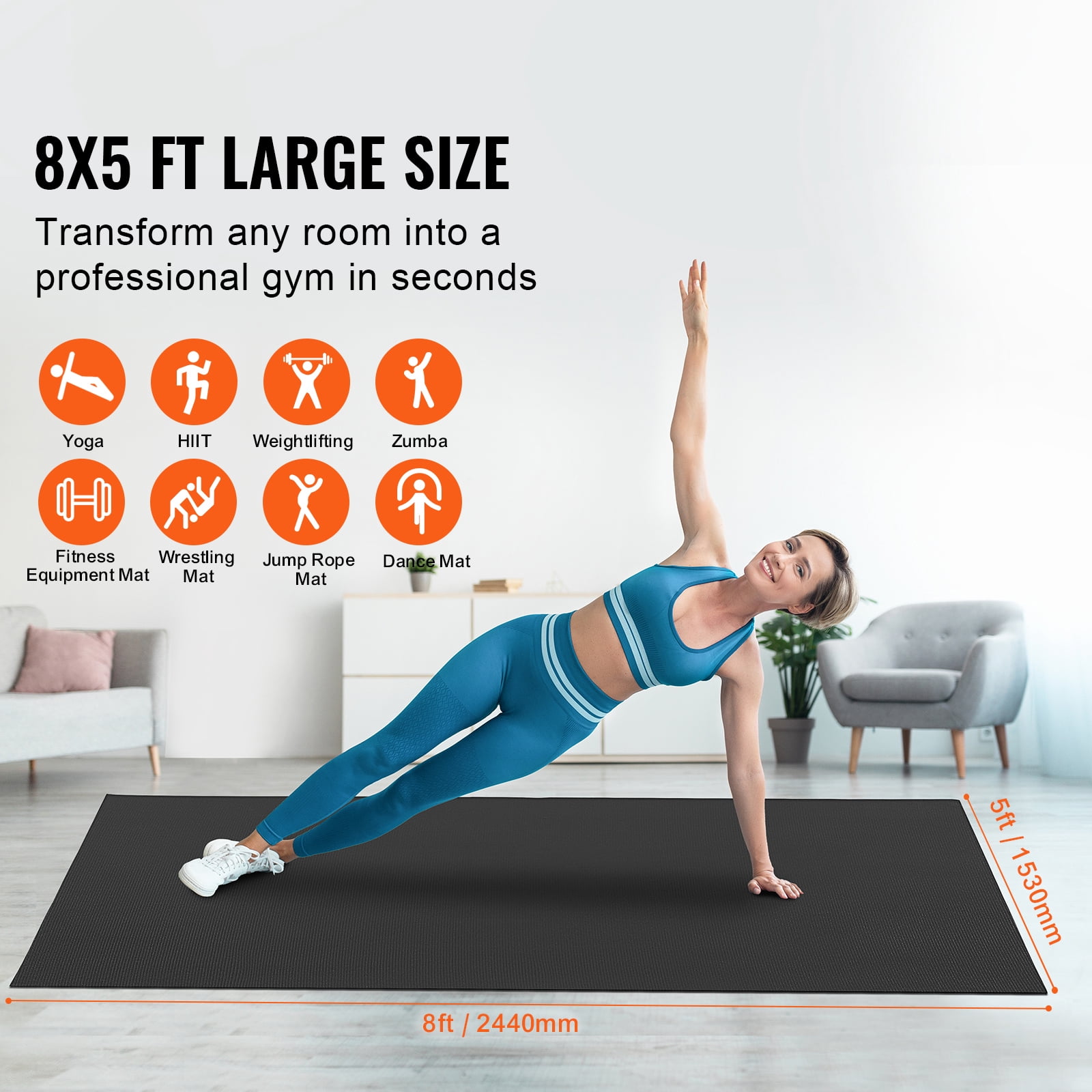 KFFKFF Large Fitness Mat, 8x5ft Durable Non-Slip Yoga Mat, Universal Exercise Mat for Both Genders, Includes Portable Bag & Strap, Ideal for Home Yoga, Pilates & Floor Exercises