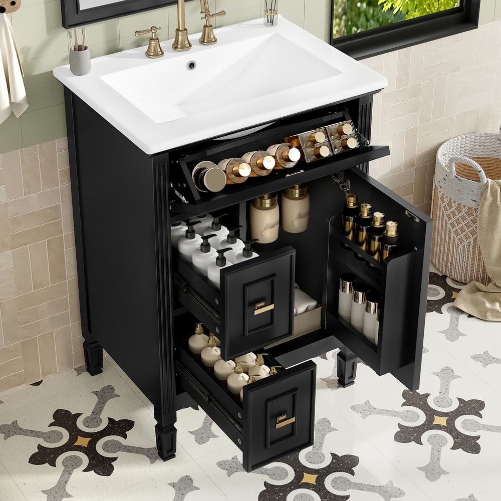 WGYPRIME 24" Bathroom Vanity with Sink, Modern Bathroom Storage Cabinet with Flip Drawer and 2 Standard Drawers, Freestanding Solid Wood Bathroom Cabinet