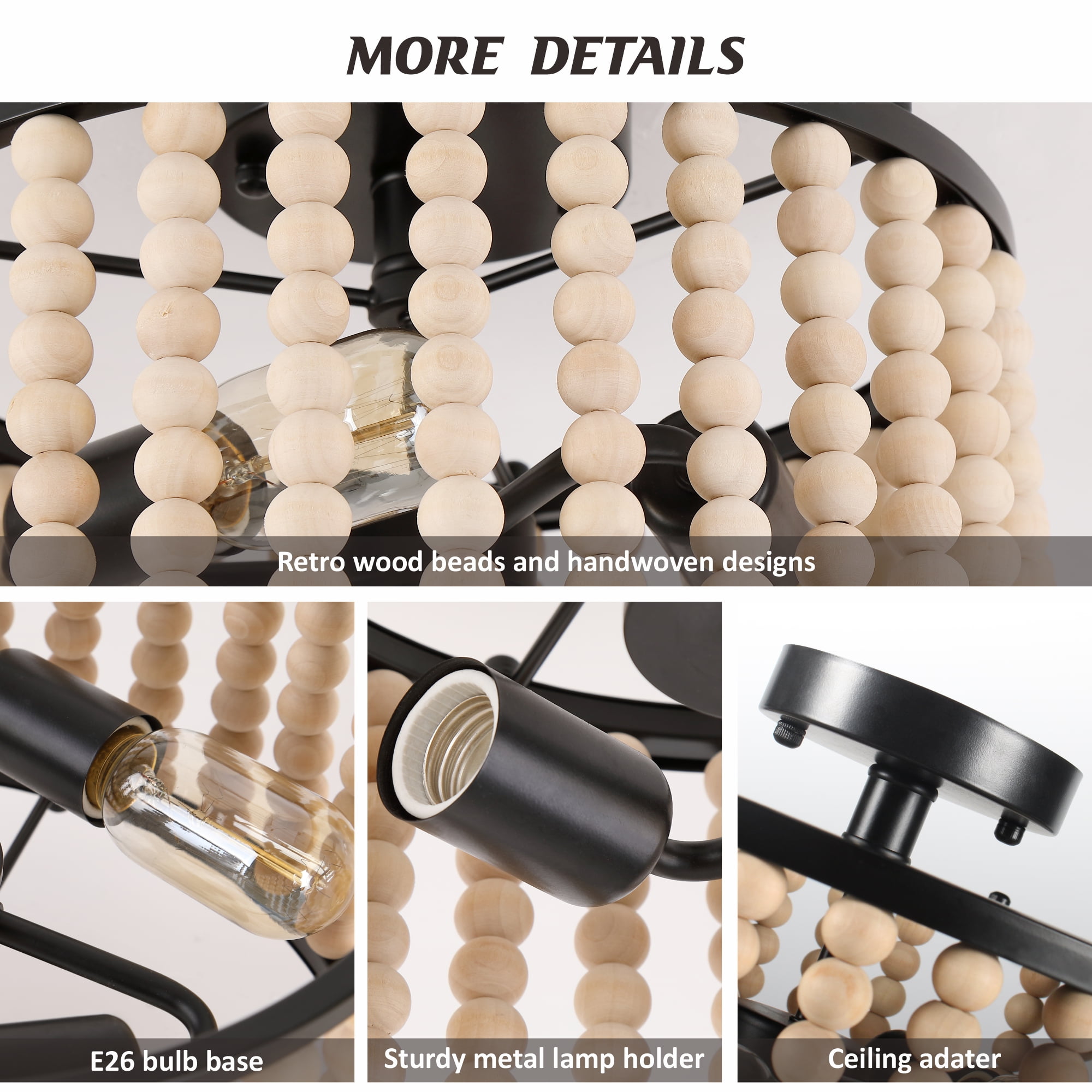 GCGAFUL Bohemian Wood Beaded Flush Mount Ceiling Light. It is an Rustic 3 Light. The 13 Inch Mini Round Black Version Is Suitable For Girls' rooms, Bedrooms, Hallways, With E26 base.