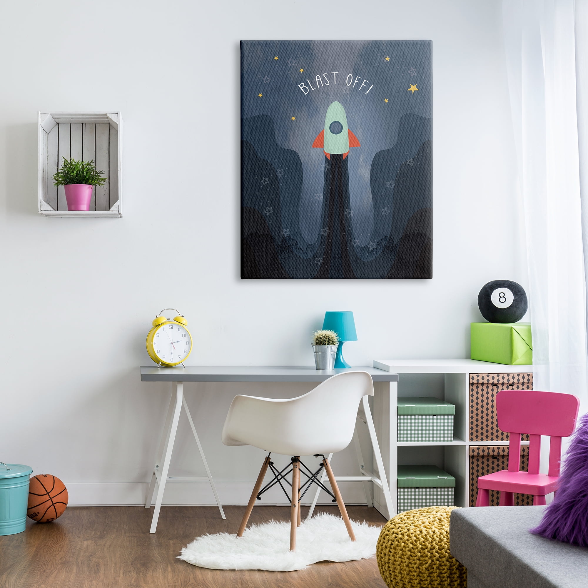 Stupell Industries Blast Off Retro Blue Space Rocket with Stars Outer Space Painting Gallery Wrapped Canvas Print Wall Art, 36 x 48