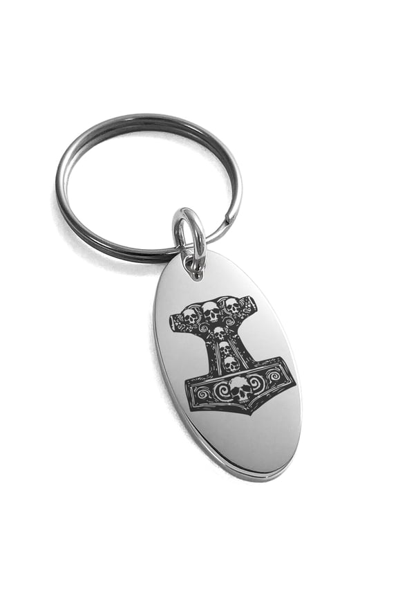 Stainless Steel Mjolnir Thor's Black Skull Hammer Engraved Small Oval Charm Keychain Keyring