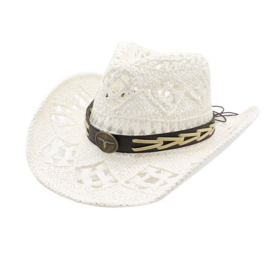 OJSFQUFP Cowboy Hat Cow Girl Hat Cowboy Hats for Women/Mens/Straw Wide with Shapeable Brim Cowboy Hat for Womens/White