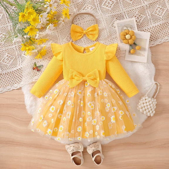 Cowsor Baby Girls Long Sleeve Round Neck Dress Set Daisy Print Delicate Trim Bow Decor 2 Piece Outfit with Headband for 6 Months to 3 Years Old Fall Winter Wear