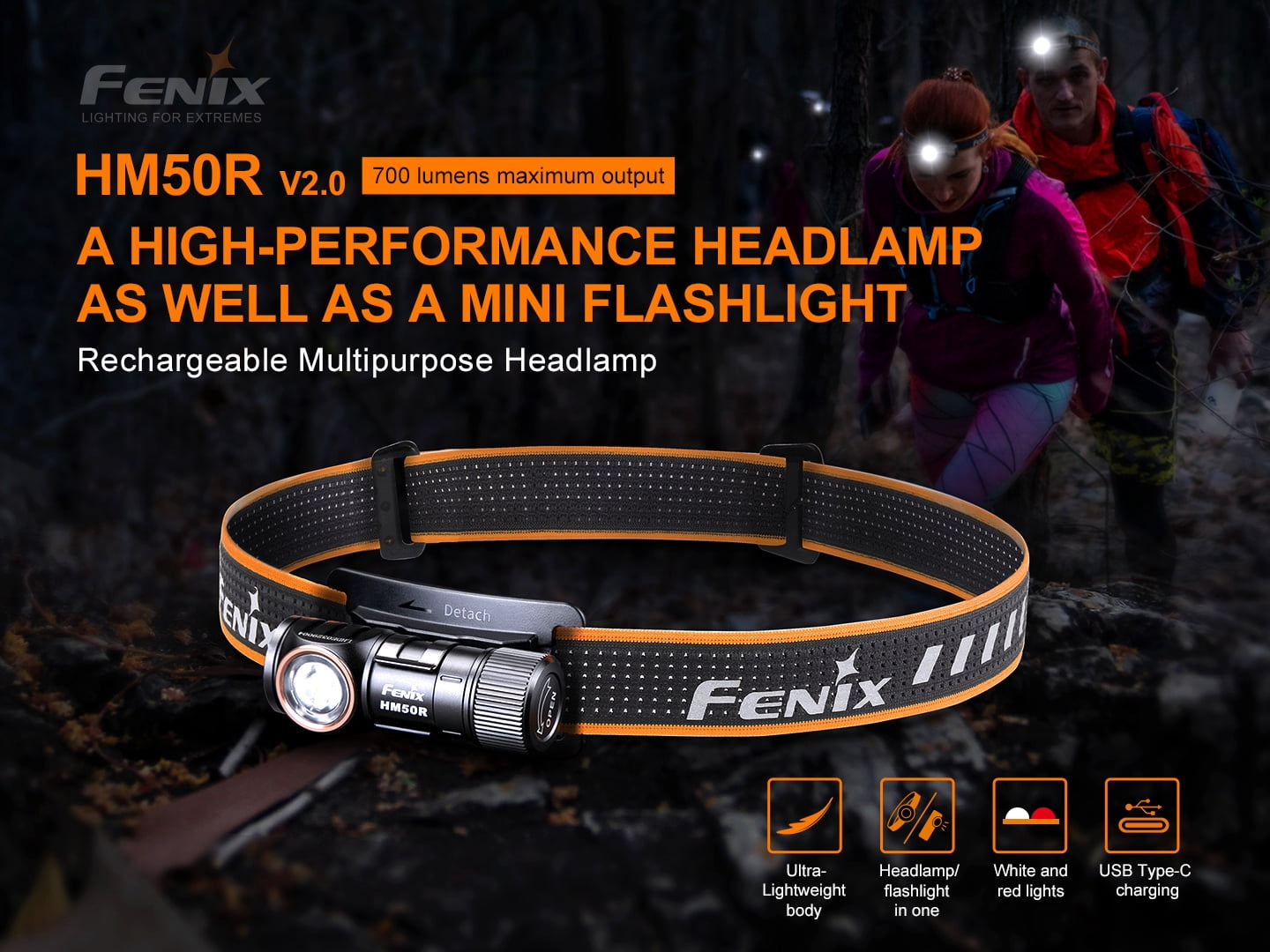 Fenix HM50R v2.0 Headlamp, 700 Lumen USB-C Rechargeable Lightweight with Red Light and Lumentac Battery Organizer