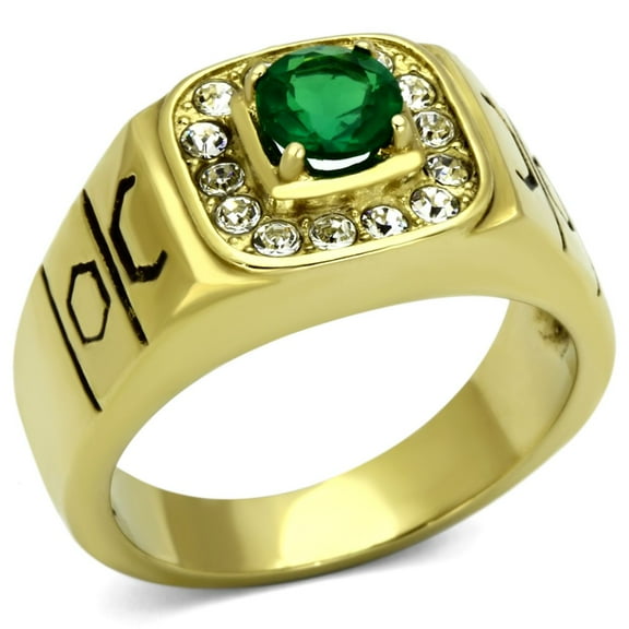 Luxe Jewelry Designs Men's Gold IP Stainless Steel Ring with Emerald Green Synthetic Glass Stone -