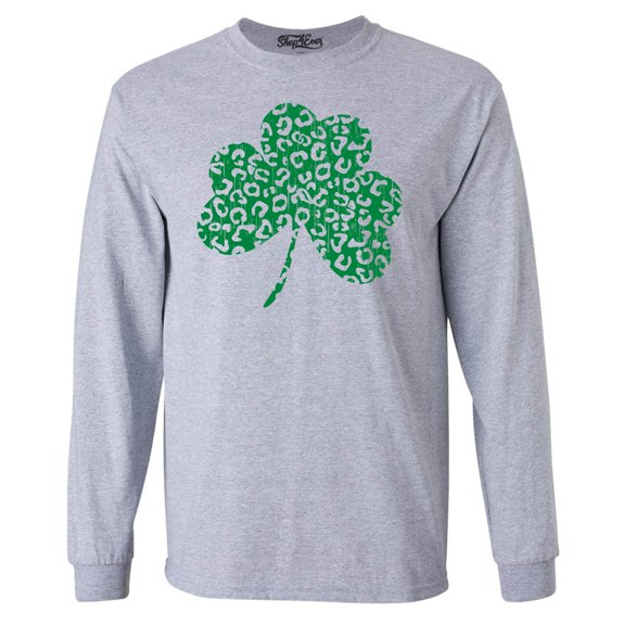 Shop4Ever Men's Leopard Print Shamrock St. Patrick's Day Long Sleeve Shirt Small Sports Grey