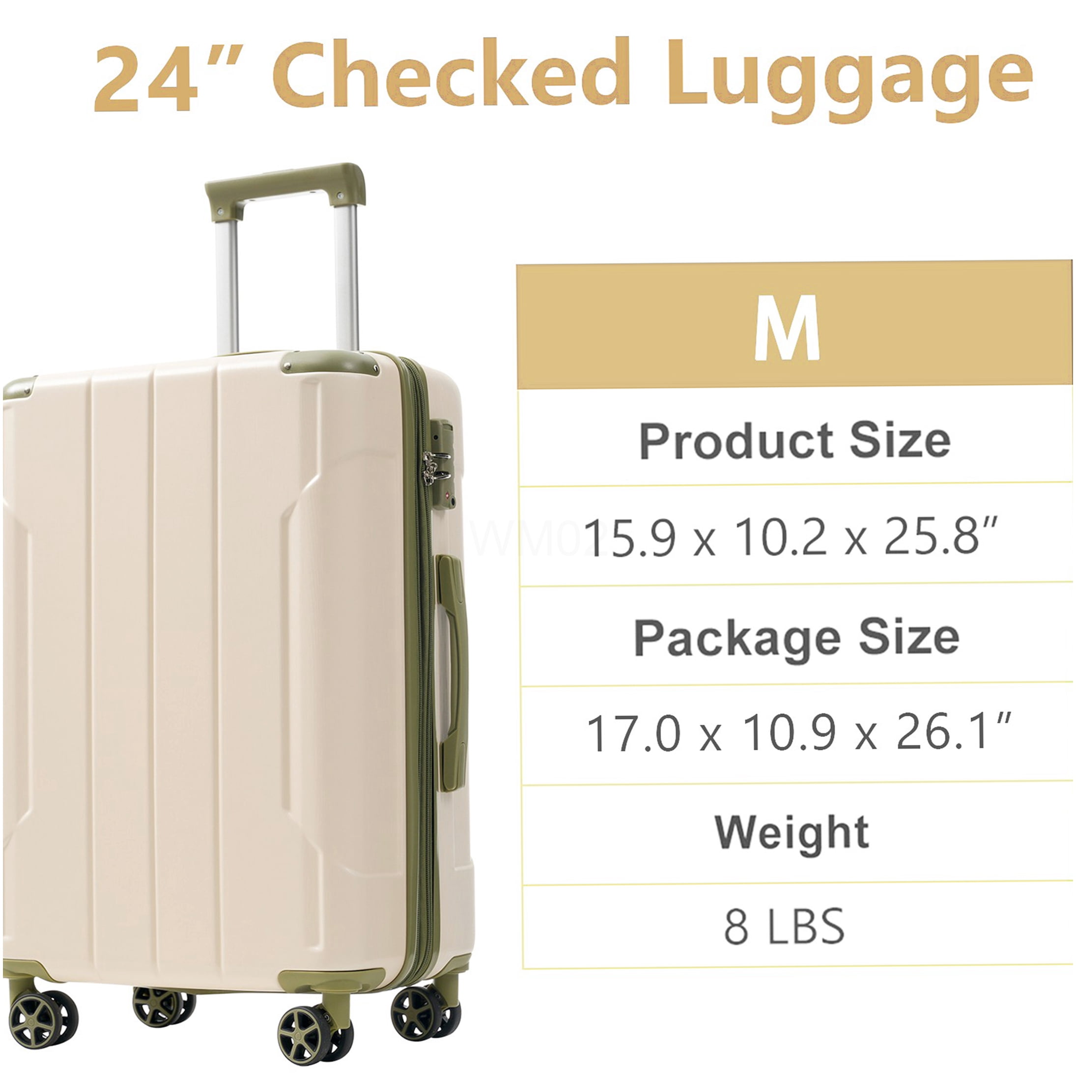 White and Green ABS Hardshell Checked Luggage, 24 Inch Expandable Suitcase with TSA Lock & Double Spinner Wheels